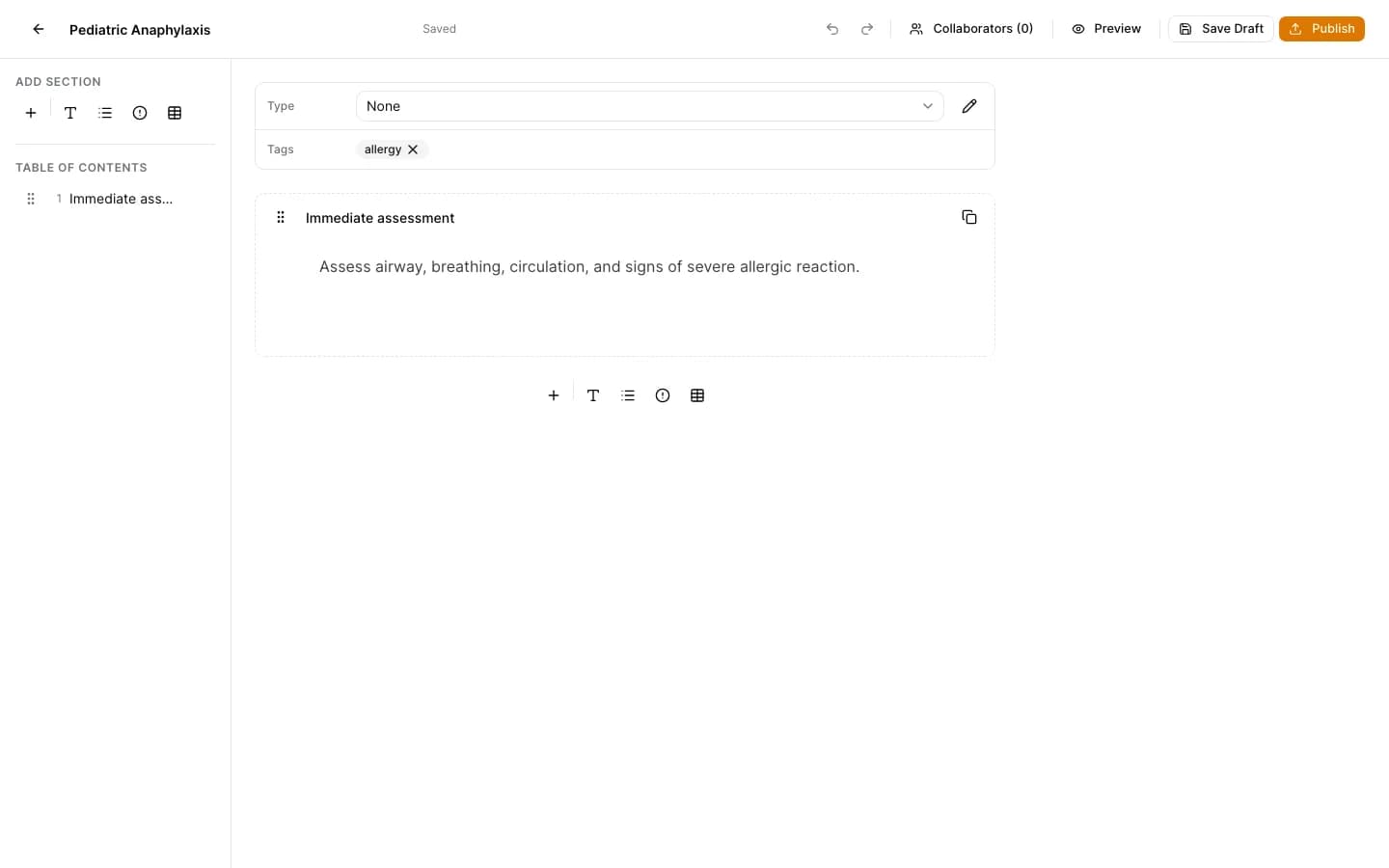 Protocol editor with title, section content, metadata controls, and publishing actions